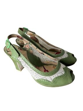 MISS L-FIRE Leather Pin Up Sling Back Pumps Peep Toe Green White Lace Sz 38 / 7